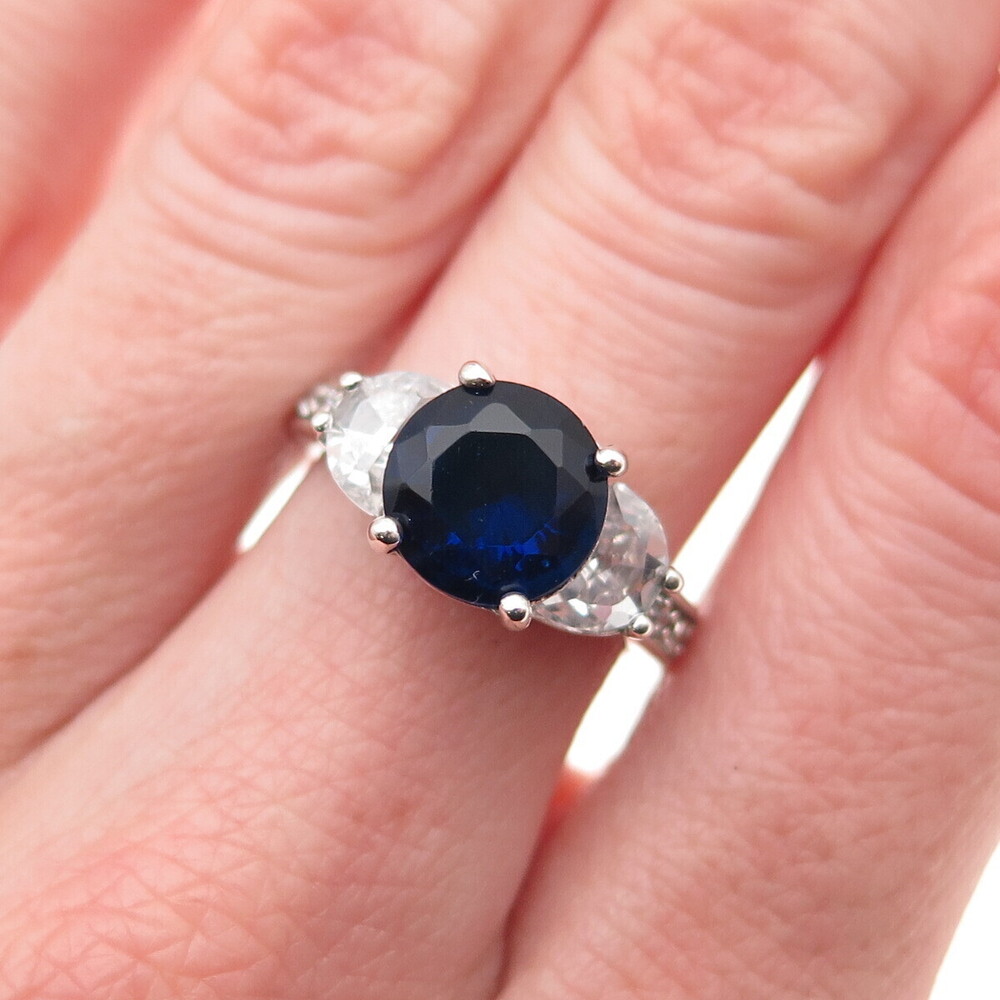 925 Sterling Silver Multi-Cut Blue & White C Z Ring Size 6.25